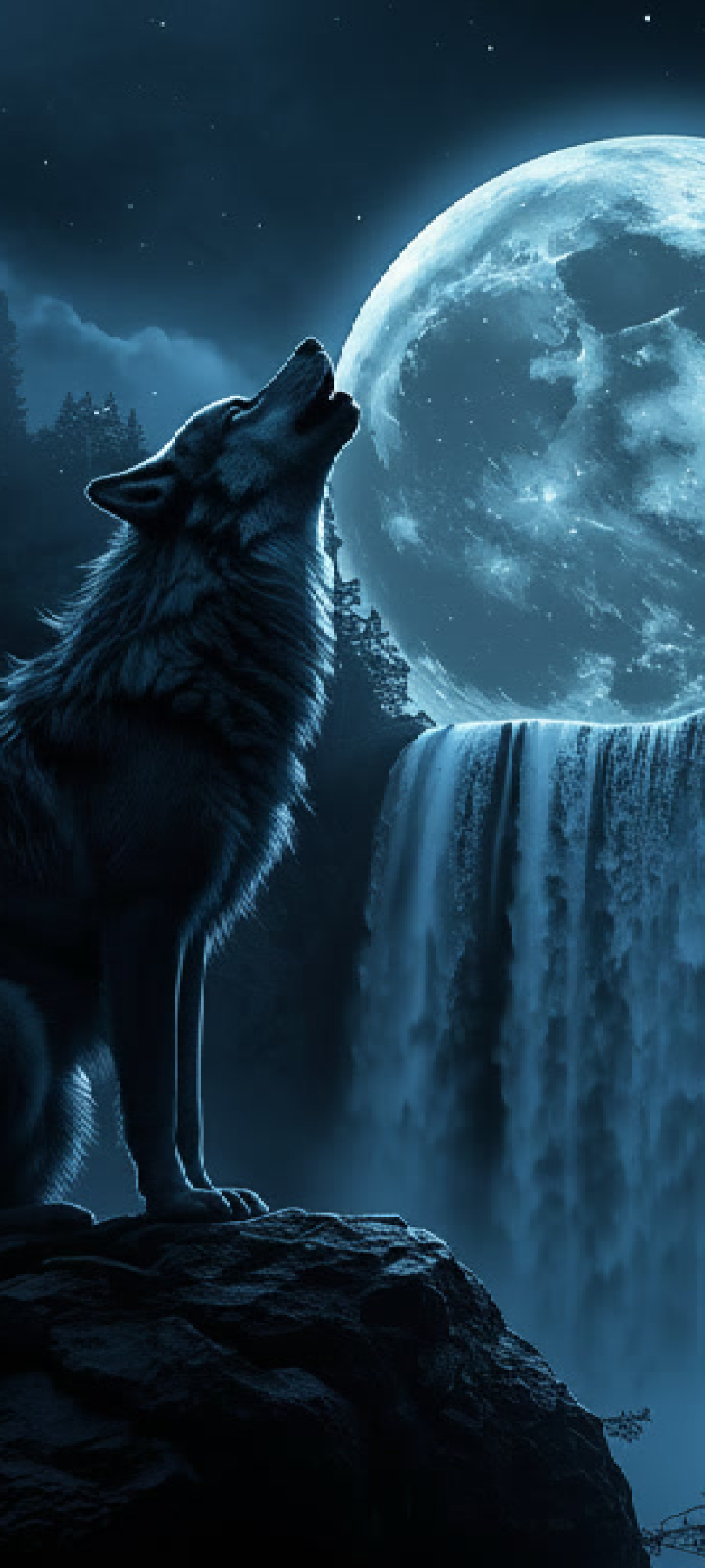 Moon howling with moon and waterfall(dark aesthetic) mobile